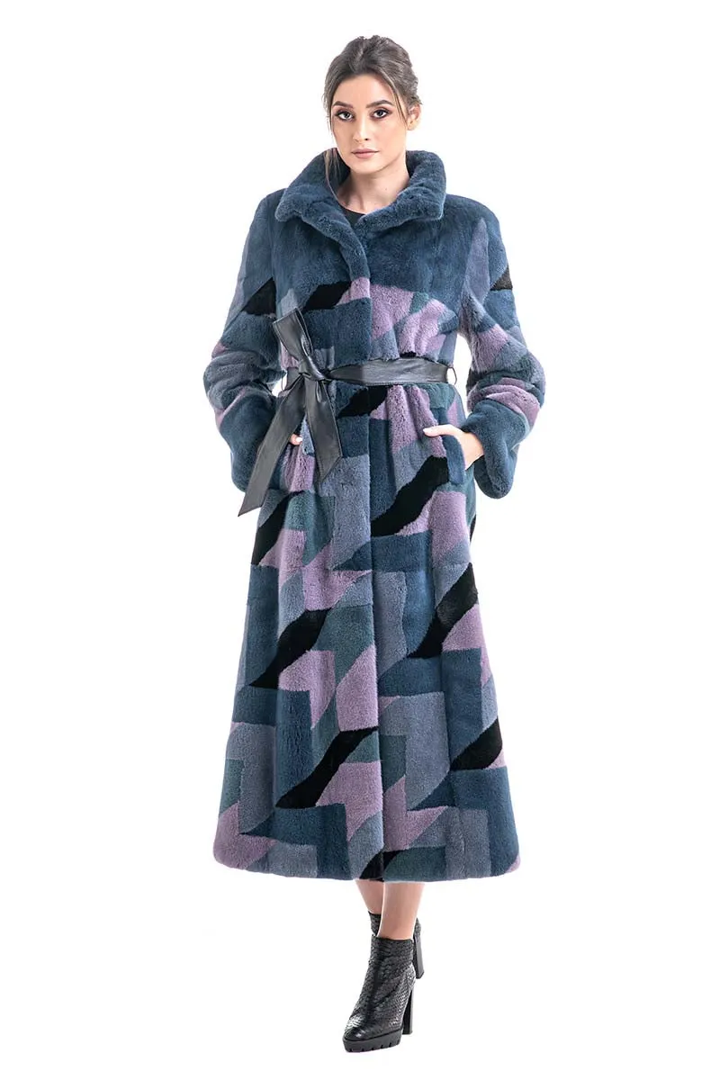 Anthracite Geometric Patterned Genuine Mink Fur Maxi Coat