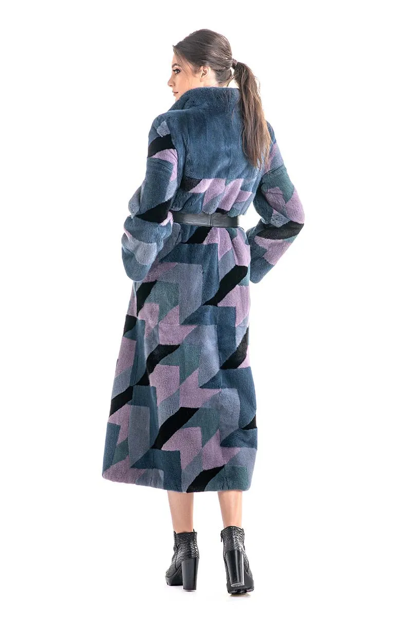 Anthracite Geometric Patterned Genuine Mink Fur Maxi Coat