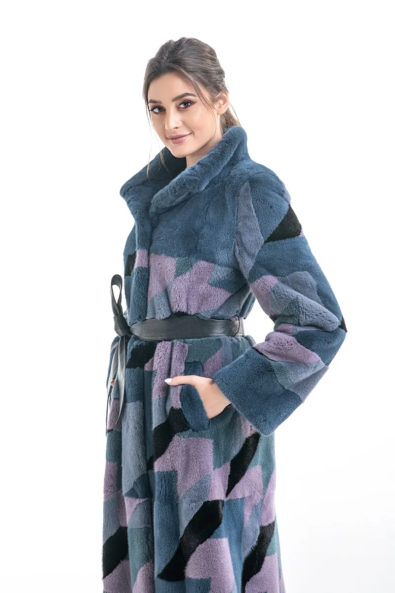 Anthracite Geometric Patterned Genuine Mink Fur Maxi Coat