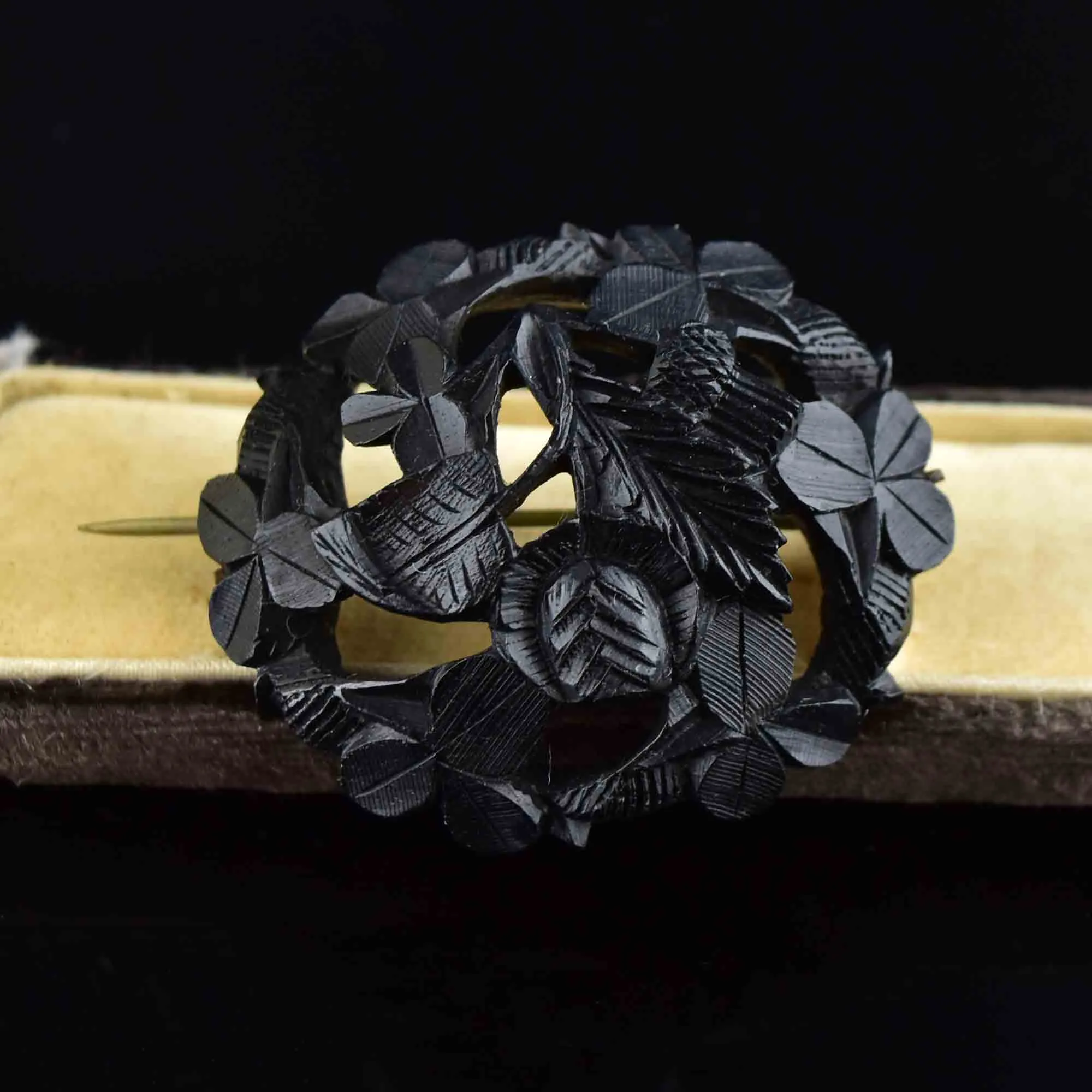 Antique Carved Irish Bog Oak Thistle Shamrock Brooch