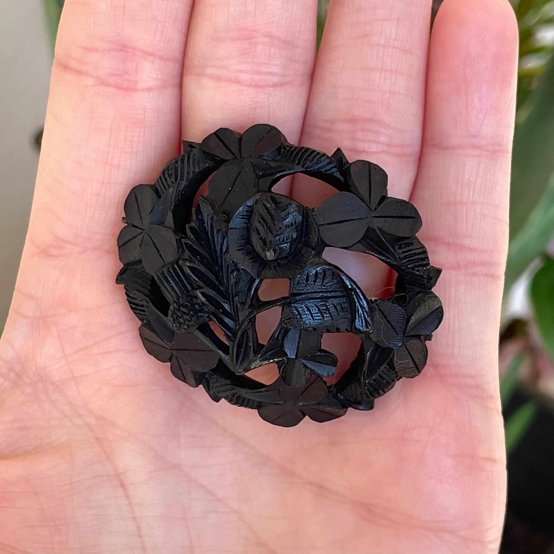 Antique Carved Irish Bog Oak Thistle Shamrock Brooch