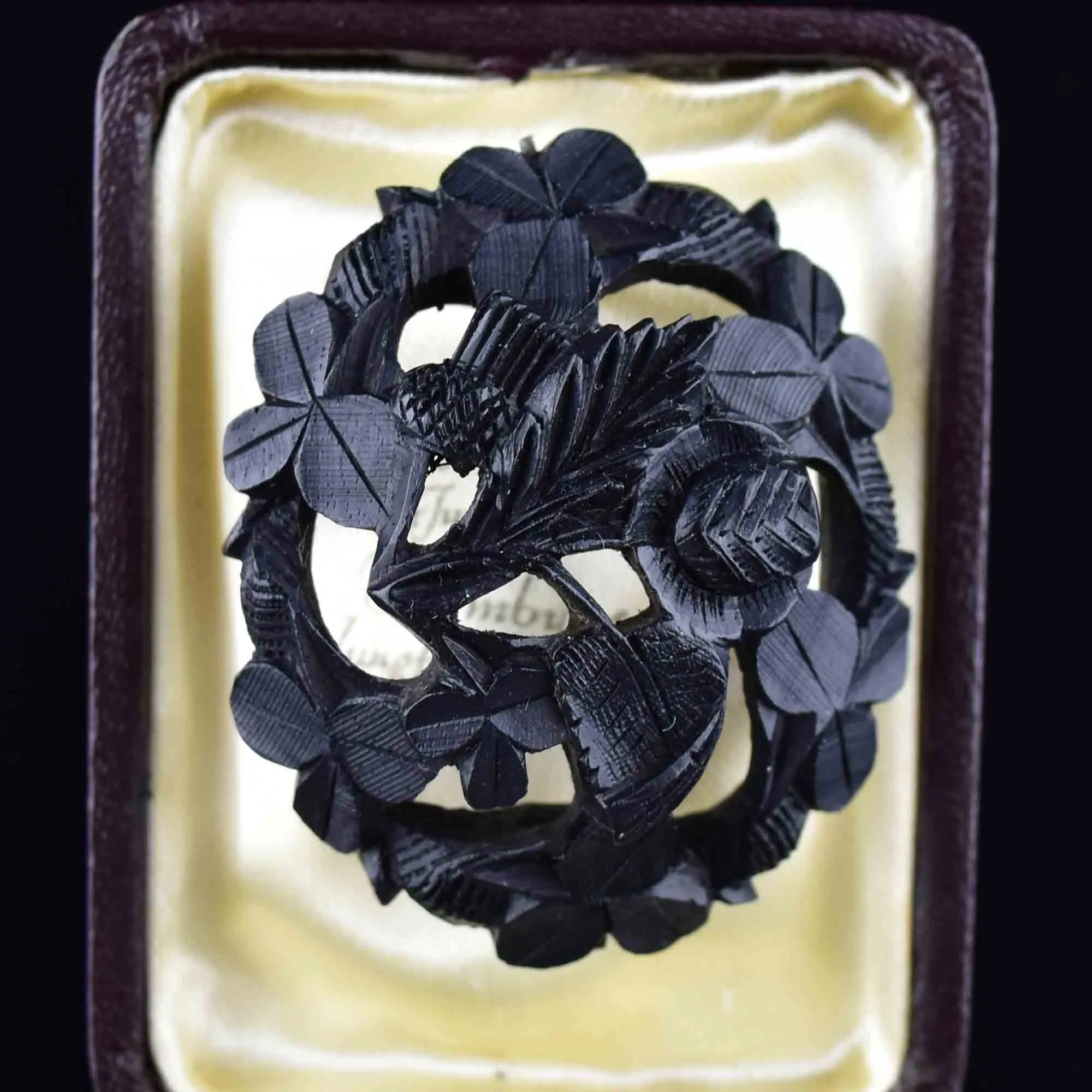 Antique Carved Irish Bog Oak Thistle Shamrock Brooch