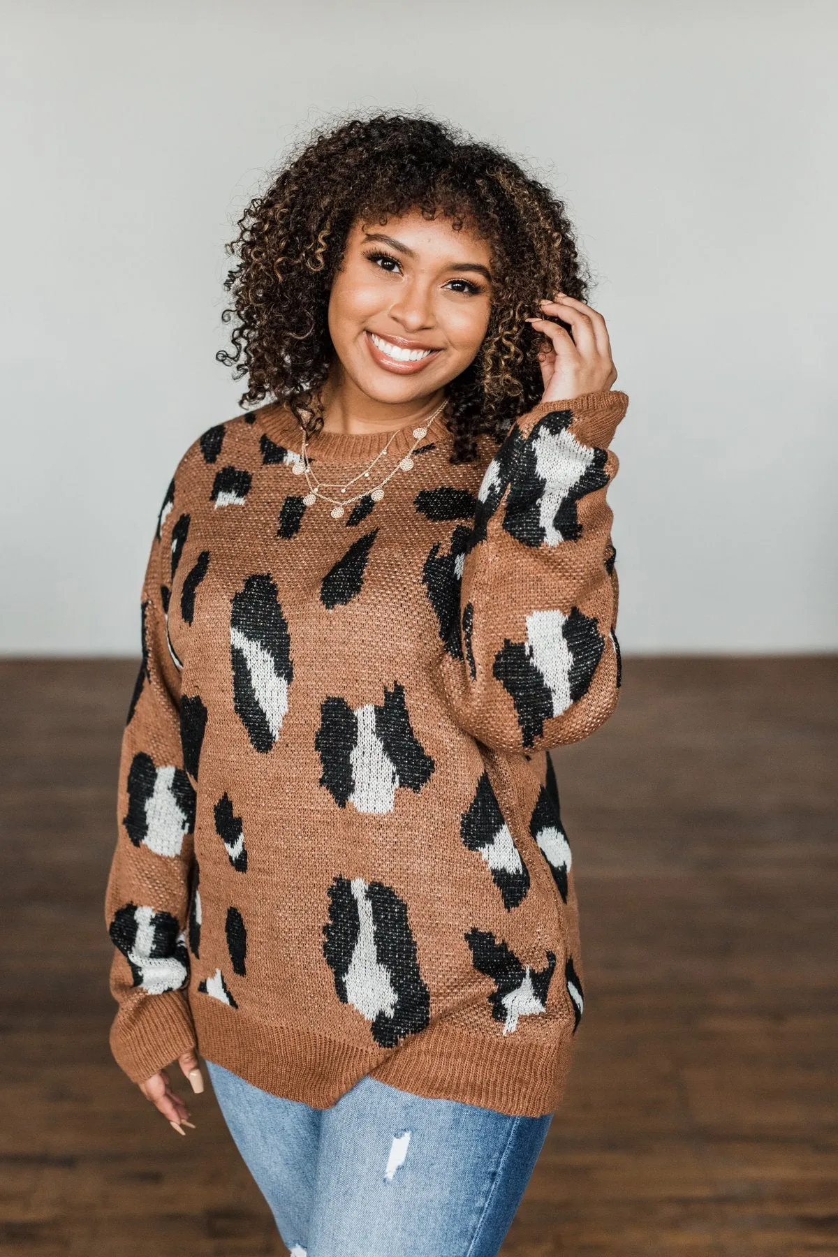 Anywhere We Go Animal Print Sweater- Brown