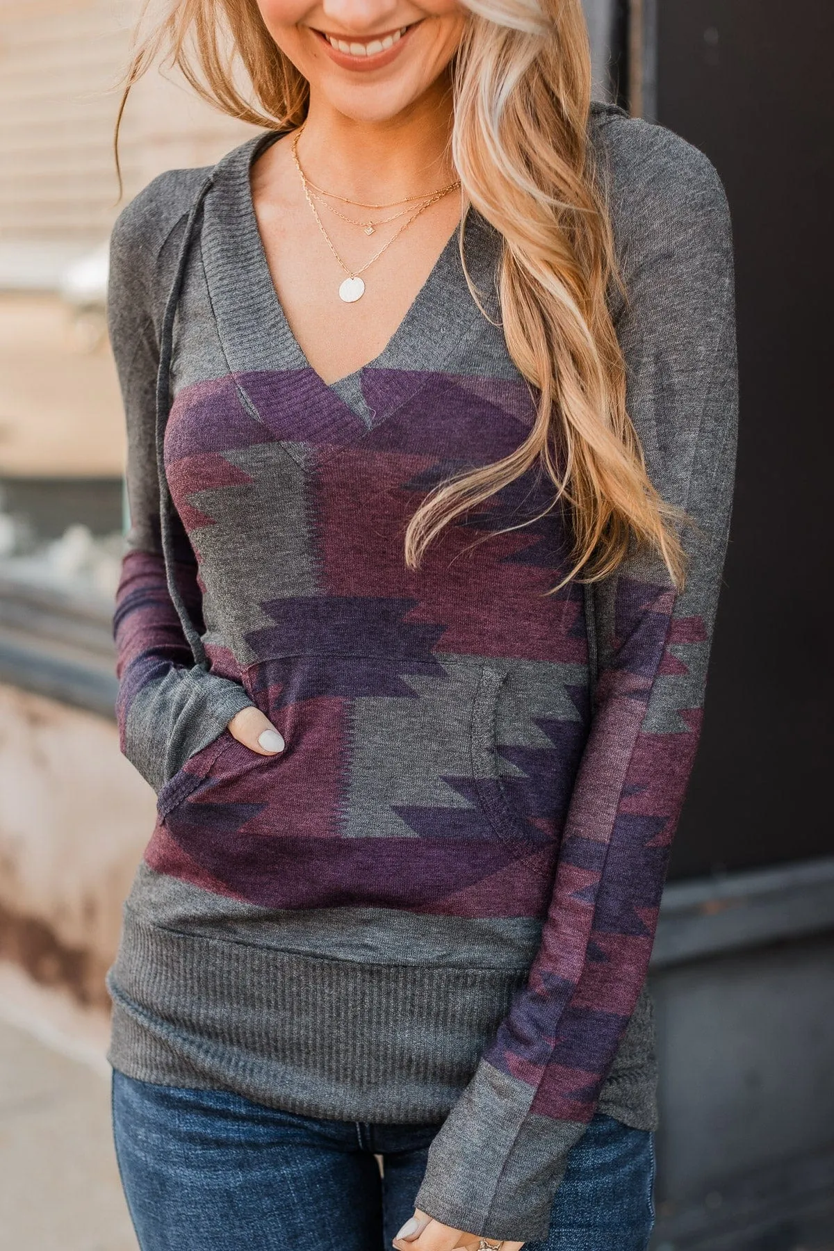 Aztec Knit Hoodie- Charcoal & Purple