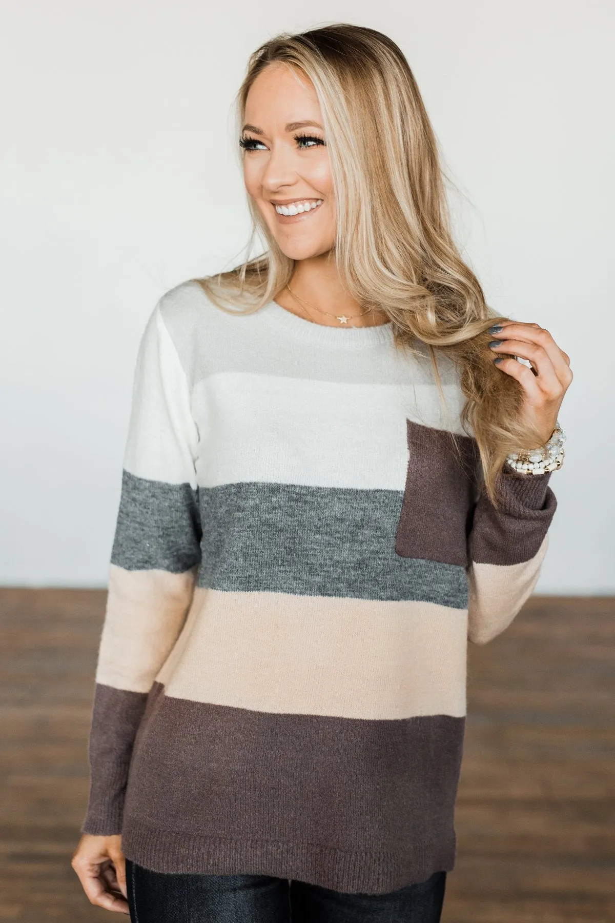 Brings Back Memories Color Block Sweater- Grey, Ivory, Dark Taupe