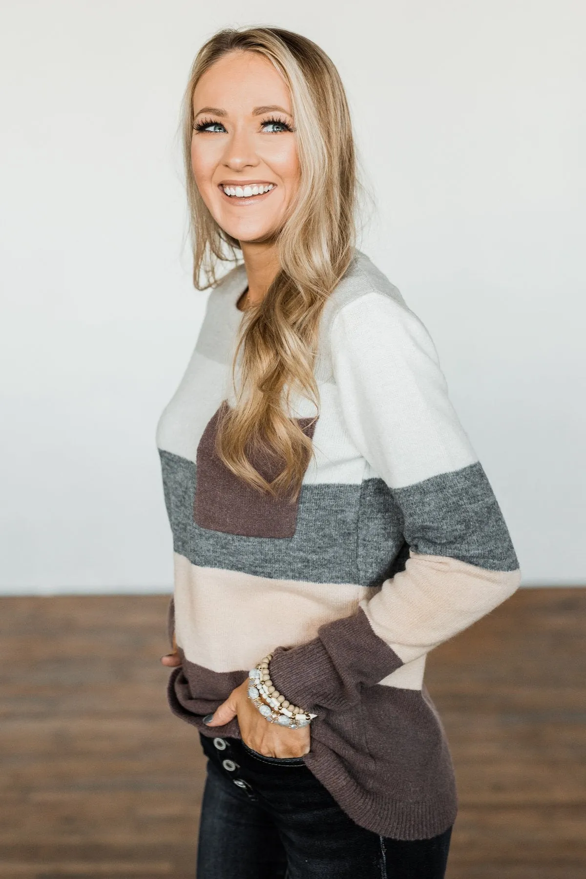 Brings Back Memories Color Block Sweater- Grey, Ivory, Dark Taupe