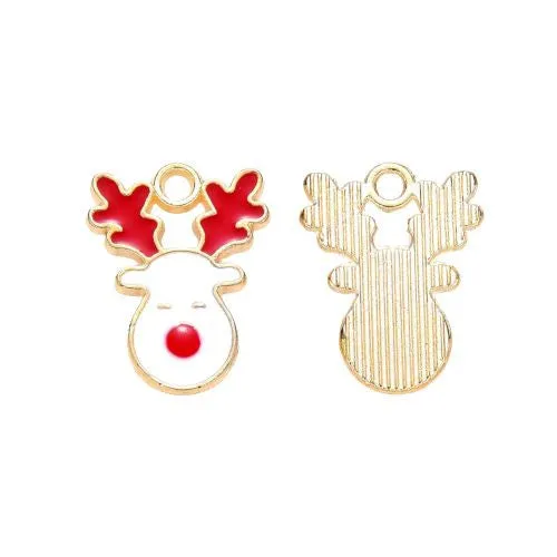 Charms, Christmas, Reindeer, Light Gold Plated, White, Red, Enameled, 17mm