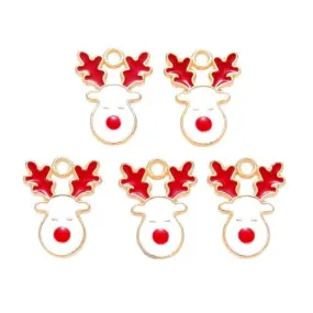 Charms, Christmas, Reindeer, Light Gold Plated, White, Red, Enameled, 17mm