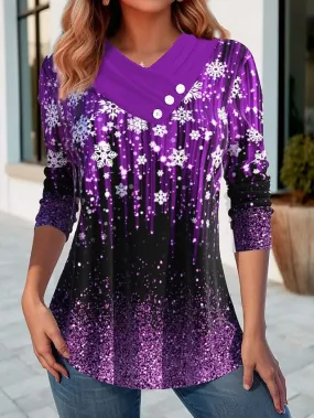 Christmas Snowflake Print Women's Long Sleeve T-shirt with Button Detail