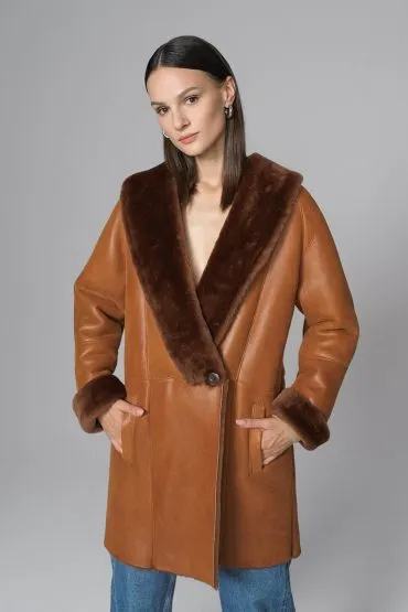 Cognac Lambskin Midi Coat with Merino Fur Collar