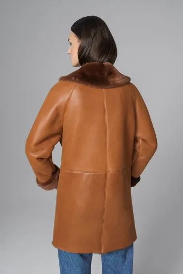 Cognac Lambskin Midi Coat with Merino Fur Collar