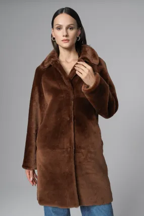 Cognac Reversible Genuine Merino Wool Sheepskin Midi Coat