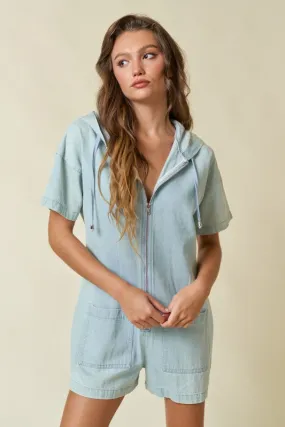 Denim Zip Up Hoodie Romper