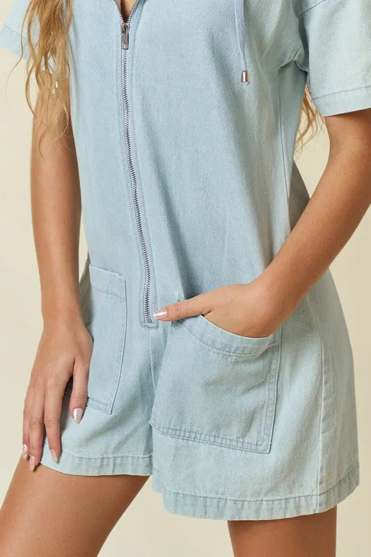 Denim Zip Up Hoodie Romper