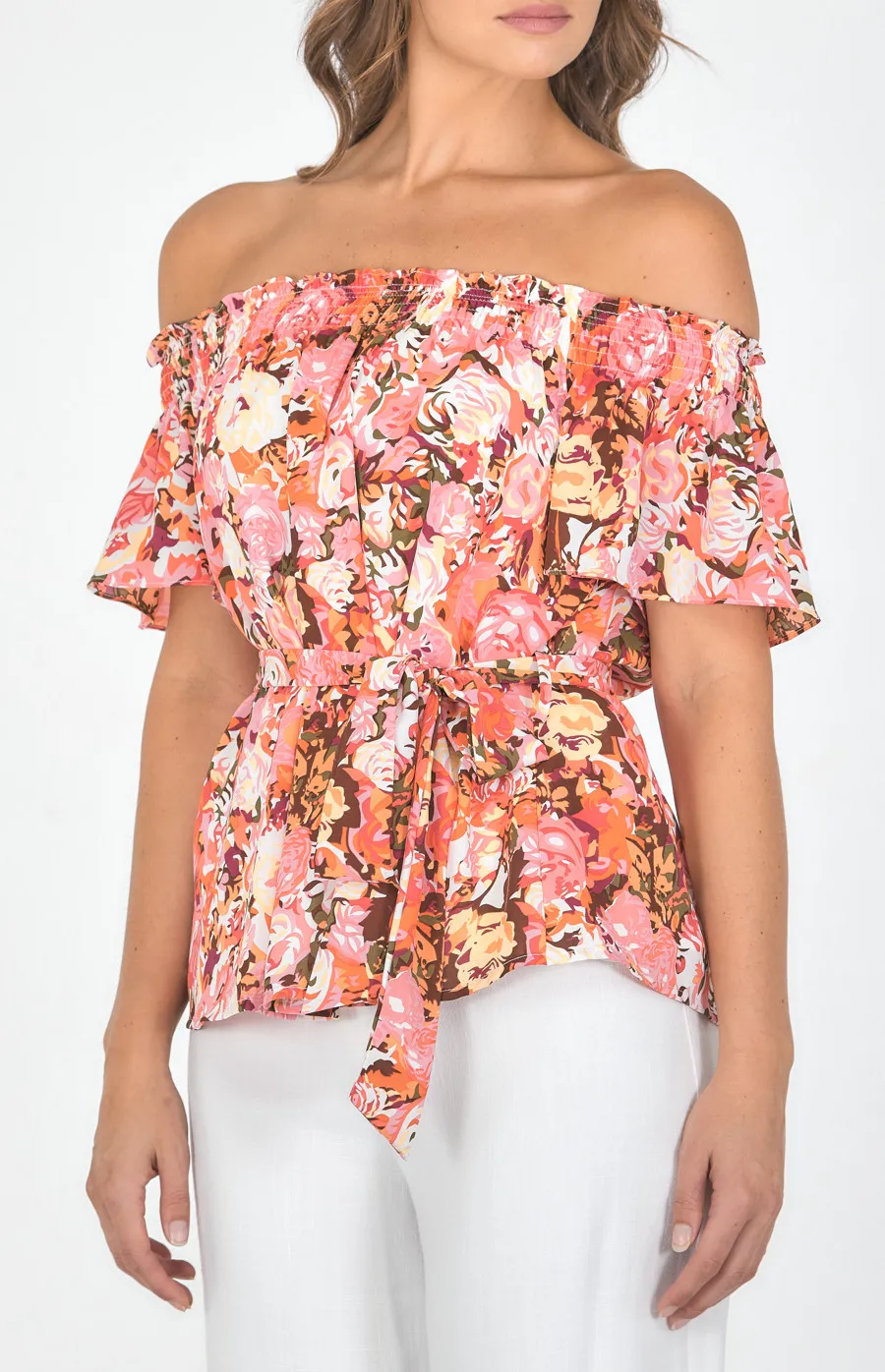 Floral Print Off the Shoulder Top with Belt (STO582B)