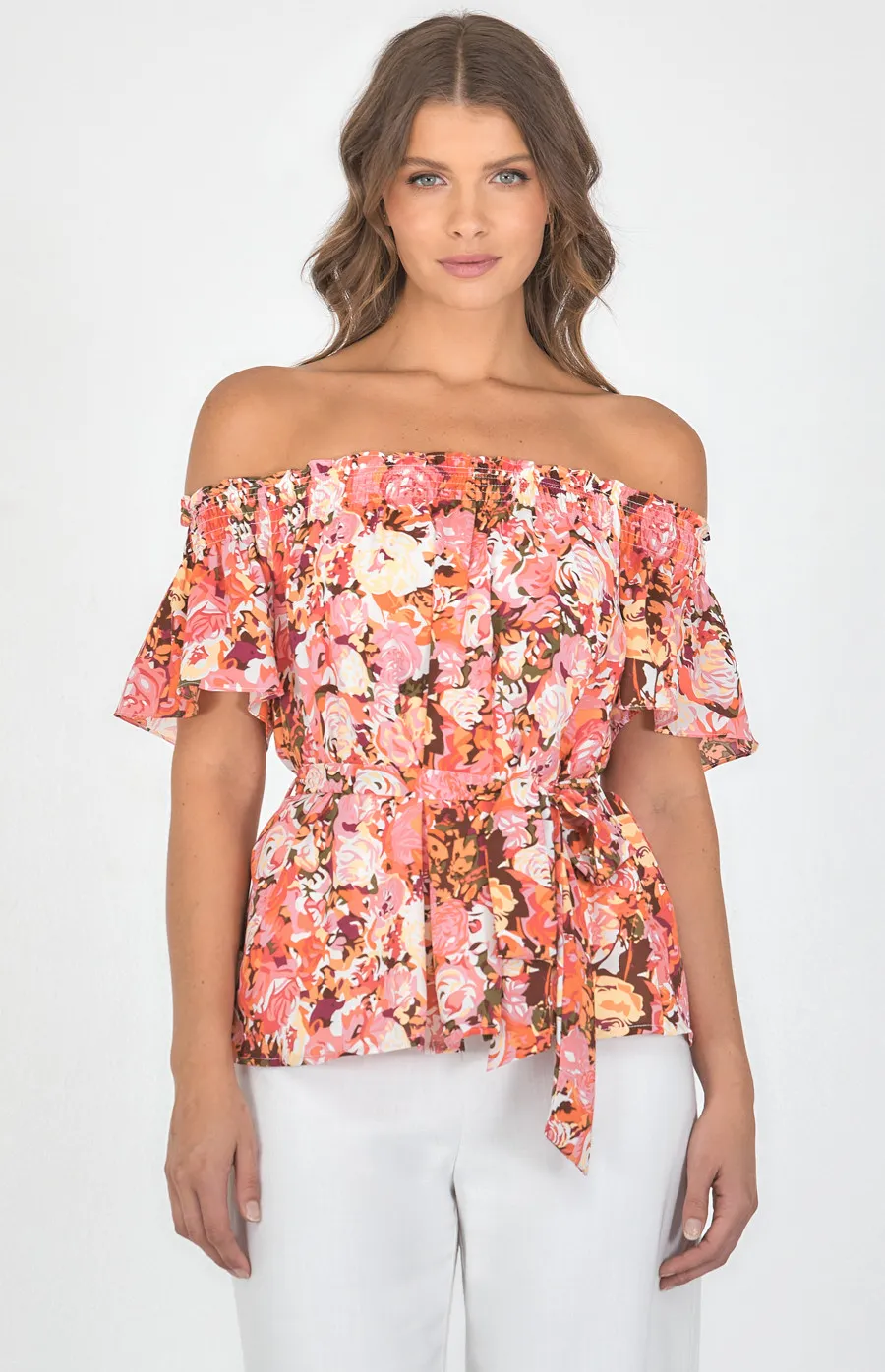 Floral Print Off the Shoulder Top with Belt (STO582B)