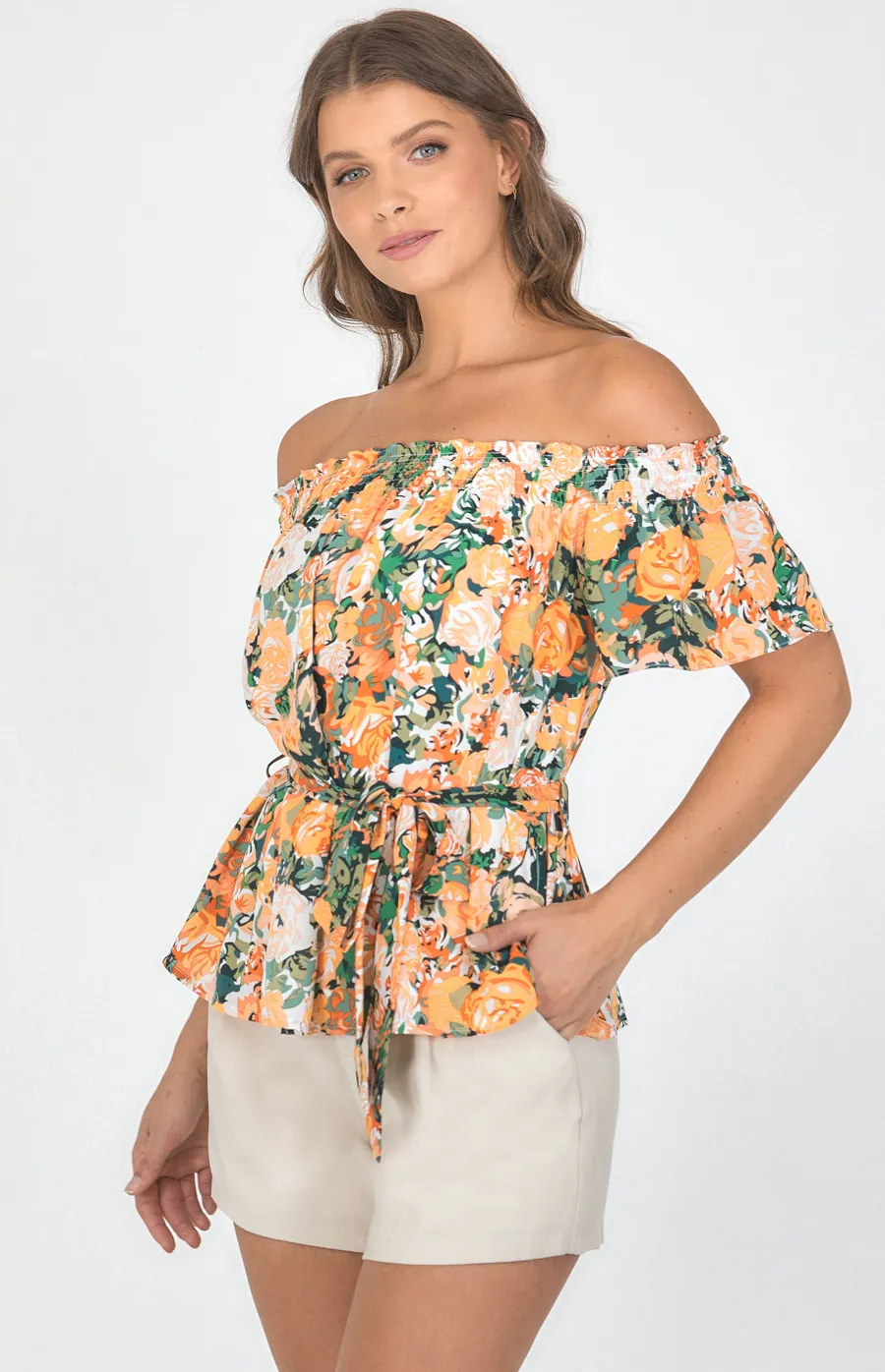 Floral Print Off the Shoulder Top with Belt (STO582B)