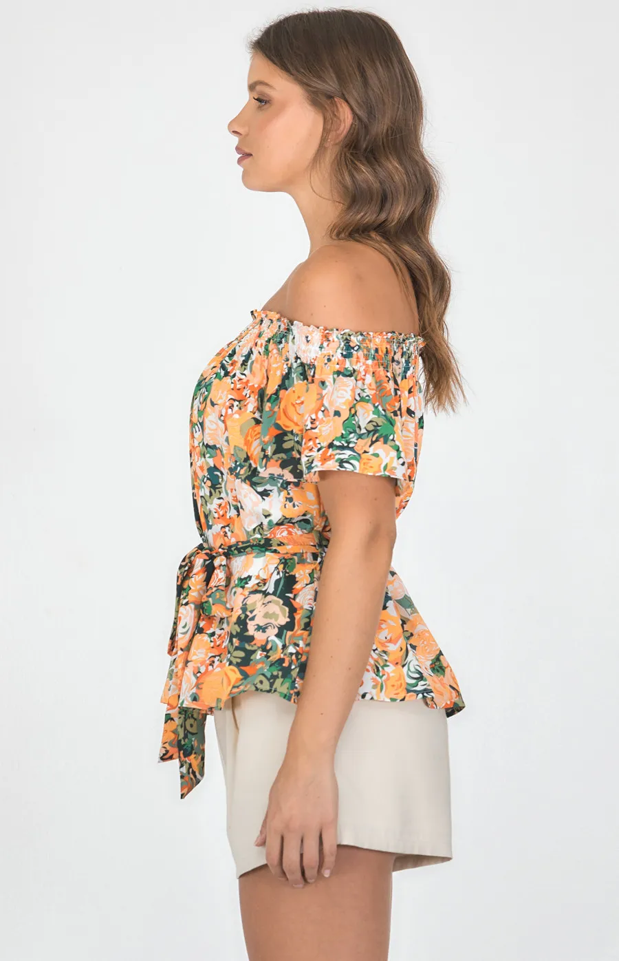 Floral Print Off the Shoulder Top with Belt (STO582B)