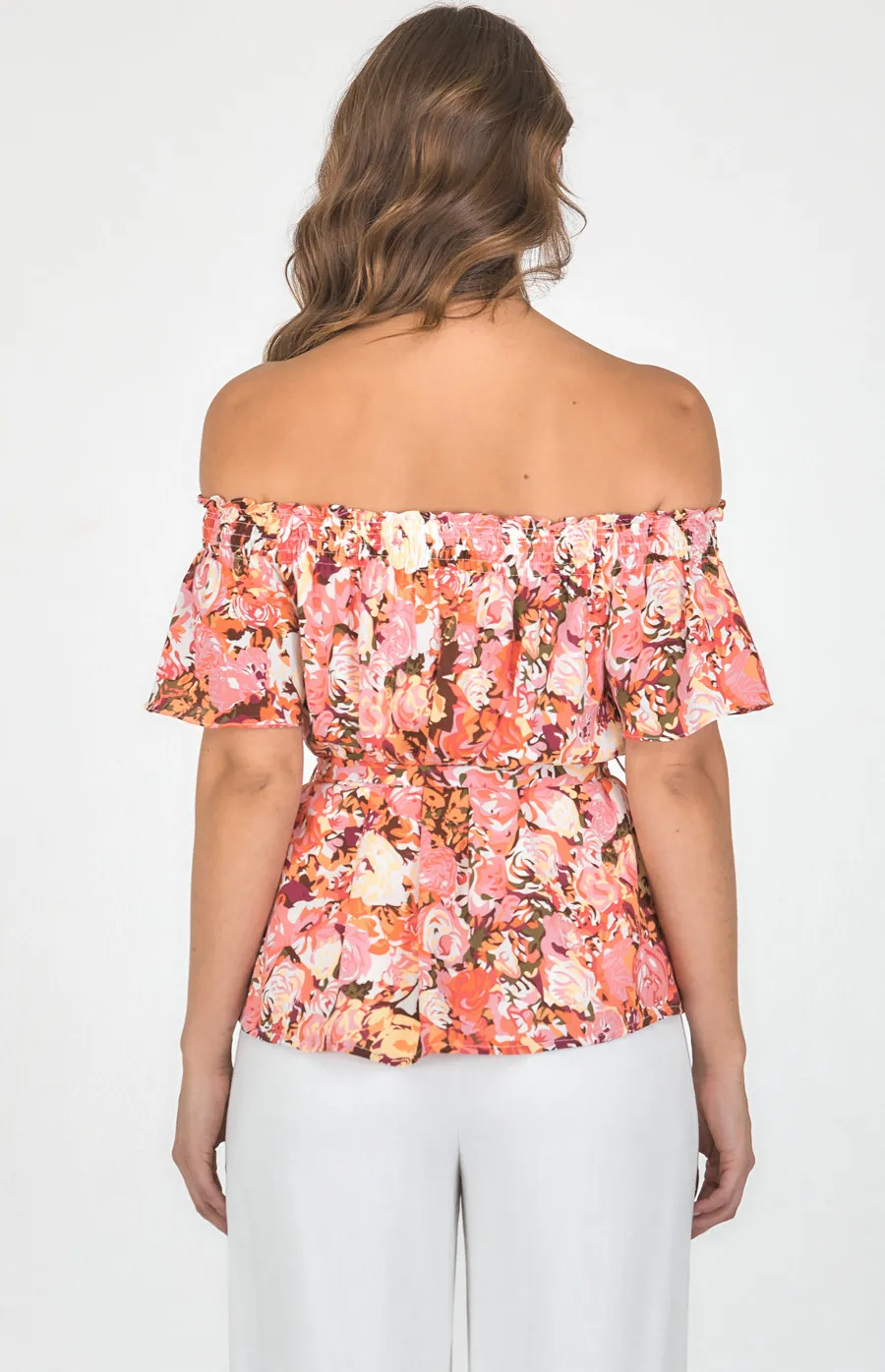 Floral Print Off the Shoulder Top with Belt (STO582B)