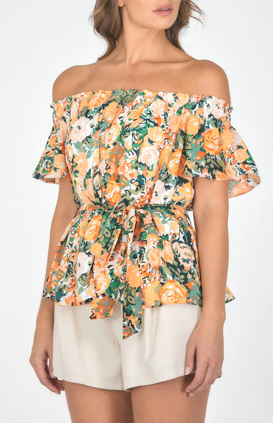 Floral Print Off the Shoulder Top with Belt (STO582B)