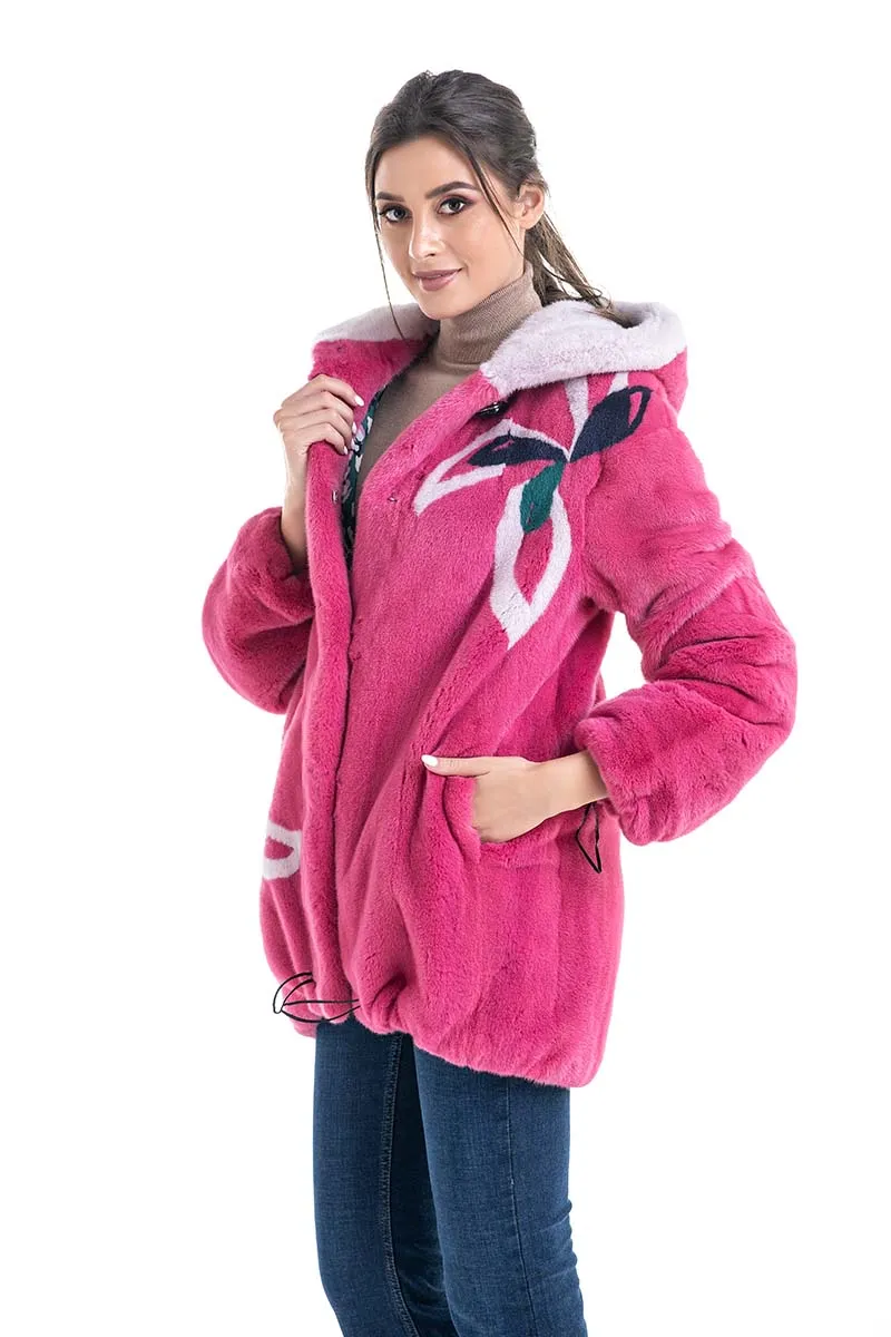 Fuchsia Floral Patterned Genuine Hooded Mink Fur Coat