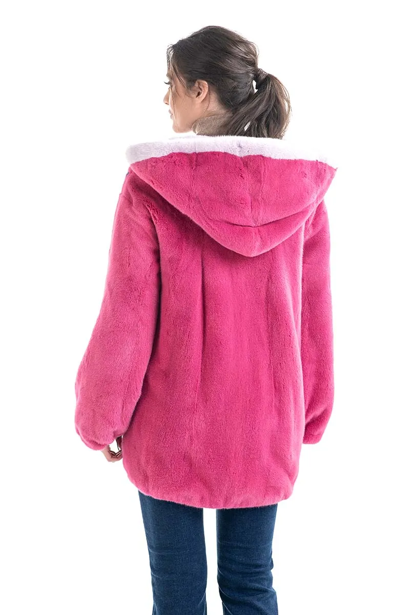 Fuchsia Floral Patterned Genuine Hooded Mink Fur Coat