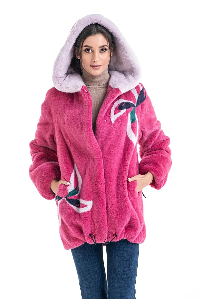 Fuchsia Floral Patterned Genuine Hooded Mink Fur Coat