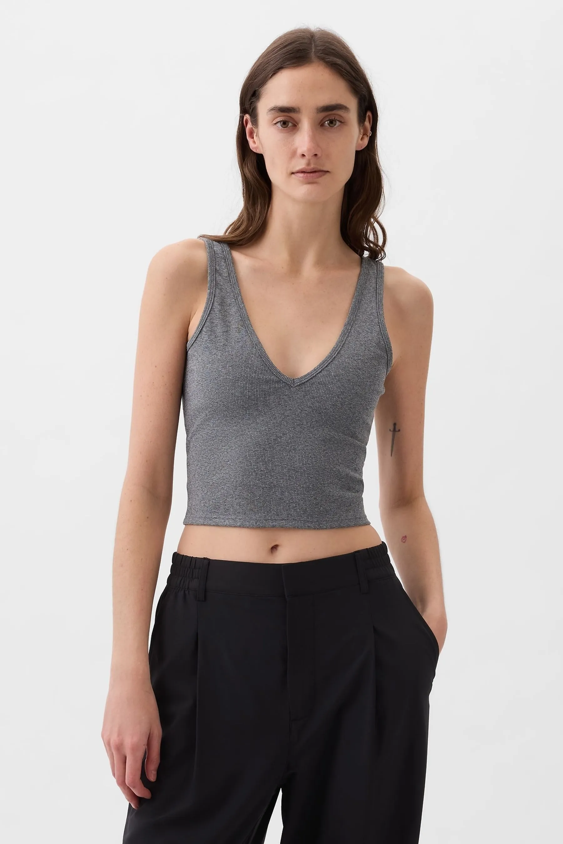 Grey Built-in-Bra V Neck Top