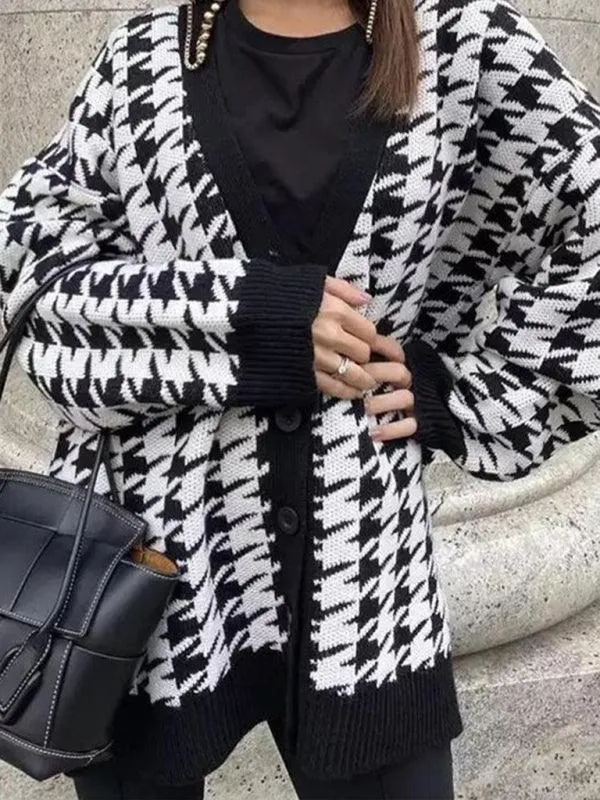 Houndstooth Knitted Women Cardigan Sweater