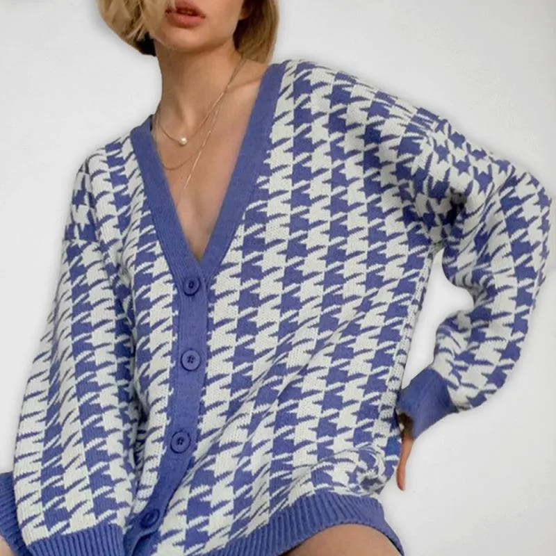 Houndstooth Knitted Women Cardigan Sweater