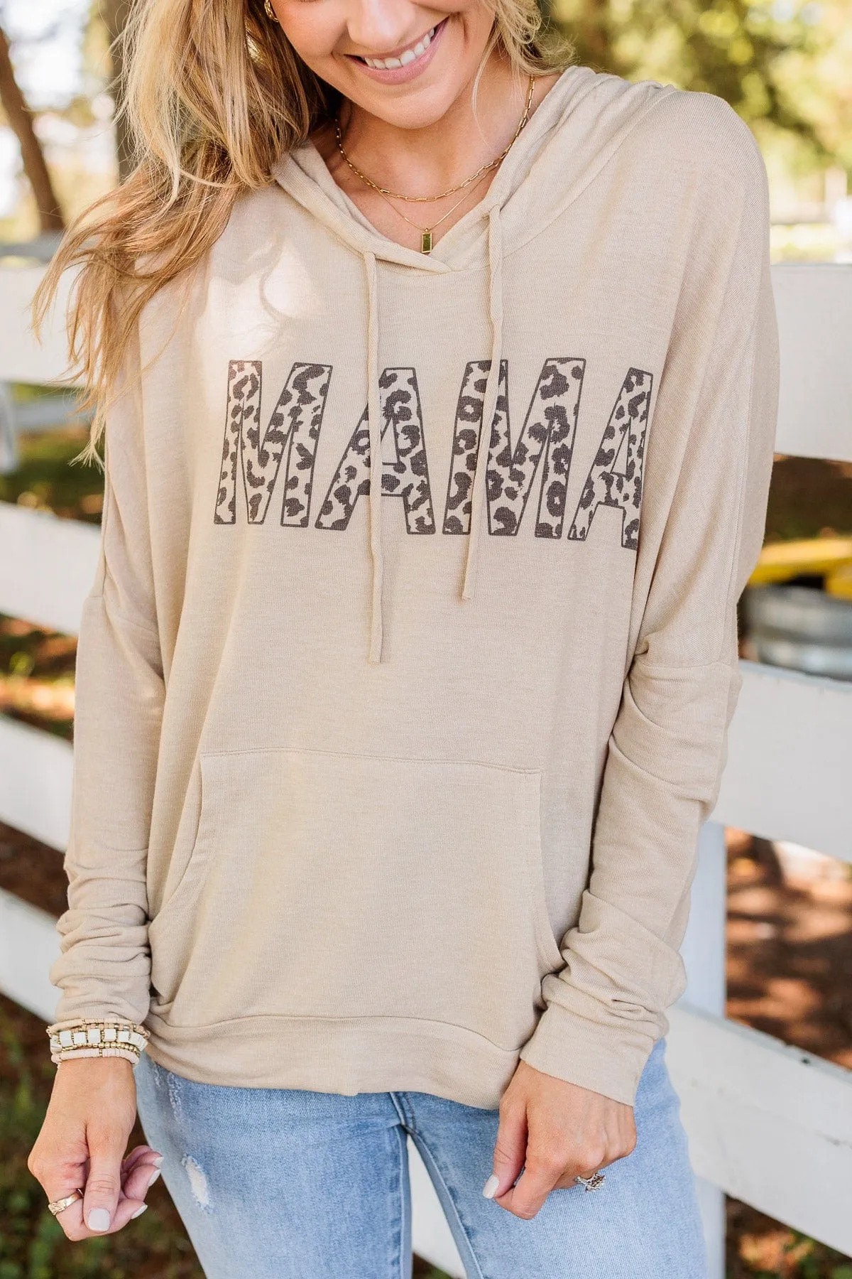 Mama Lightweight Drawstring Hoodie- Beige