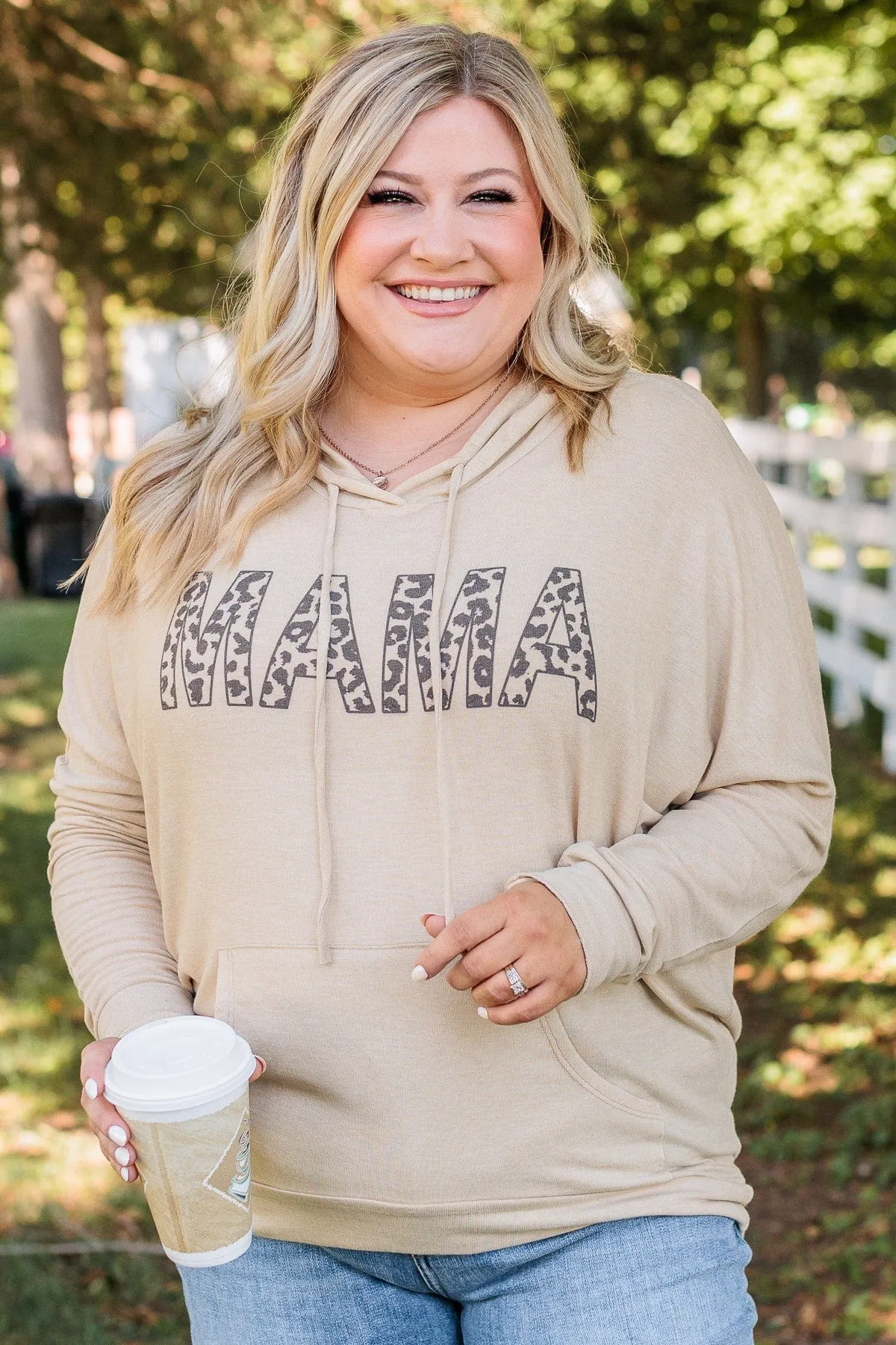 Mama Lightweight Drawstring Hoodie- Beige