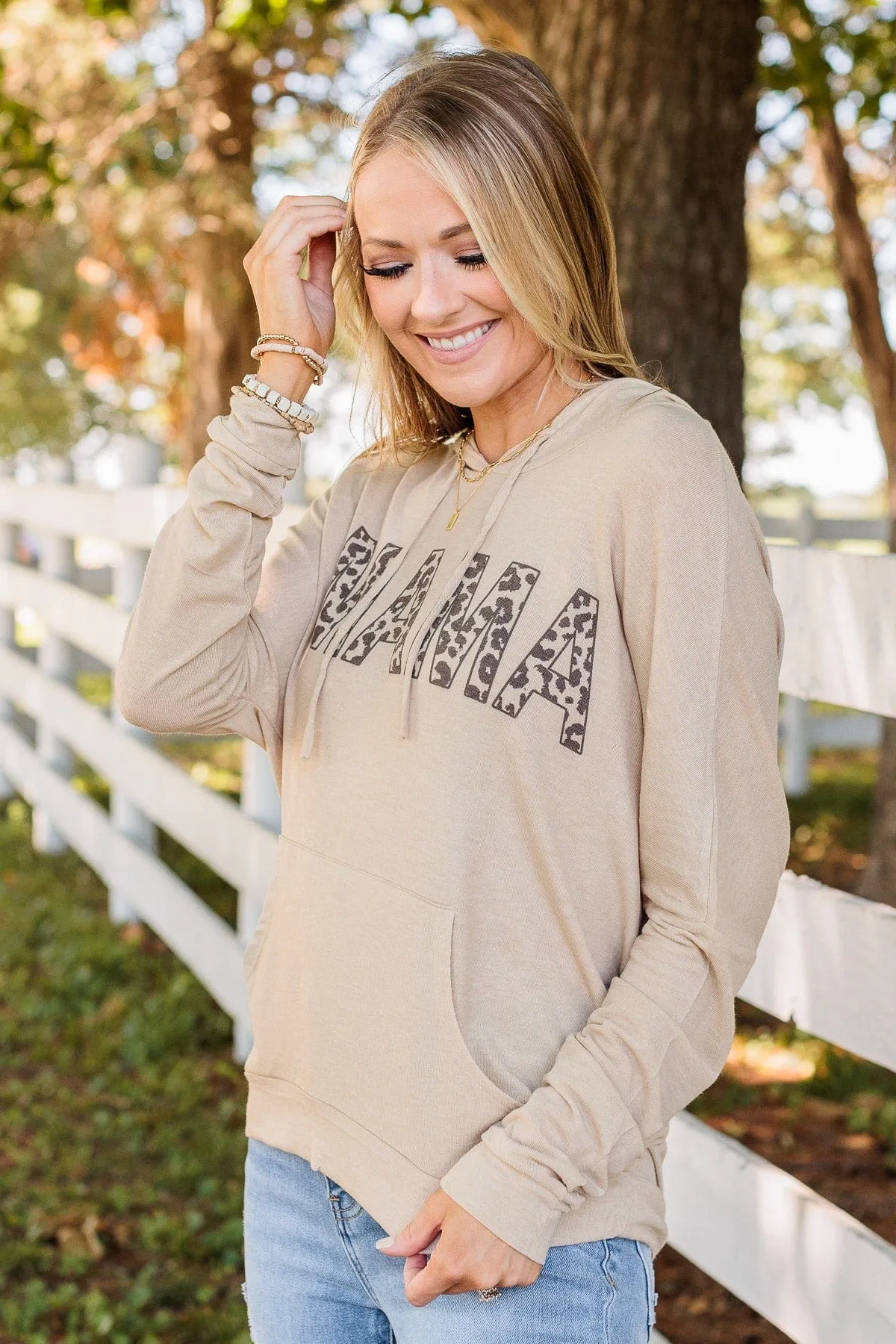 Mama Lightweight Drawstring Hoodie- Beige