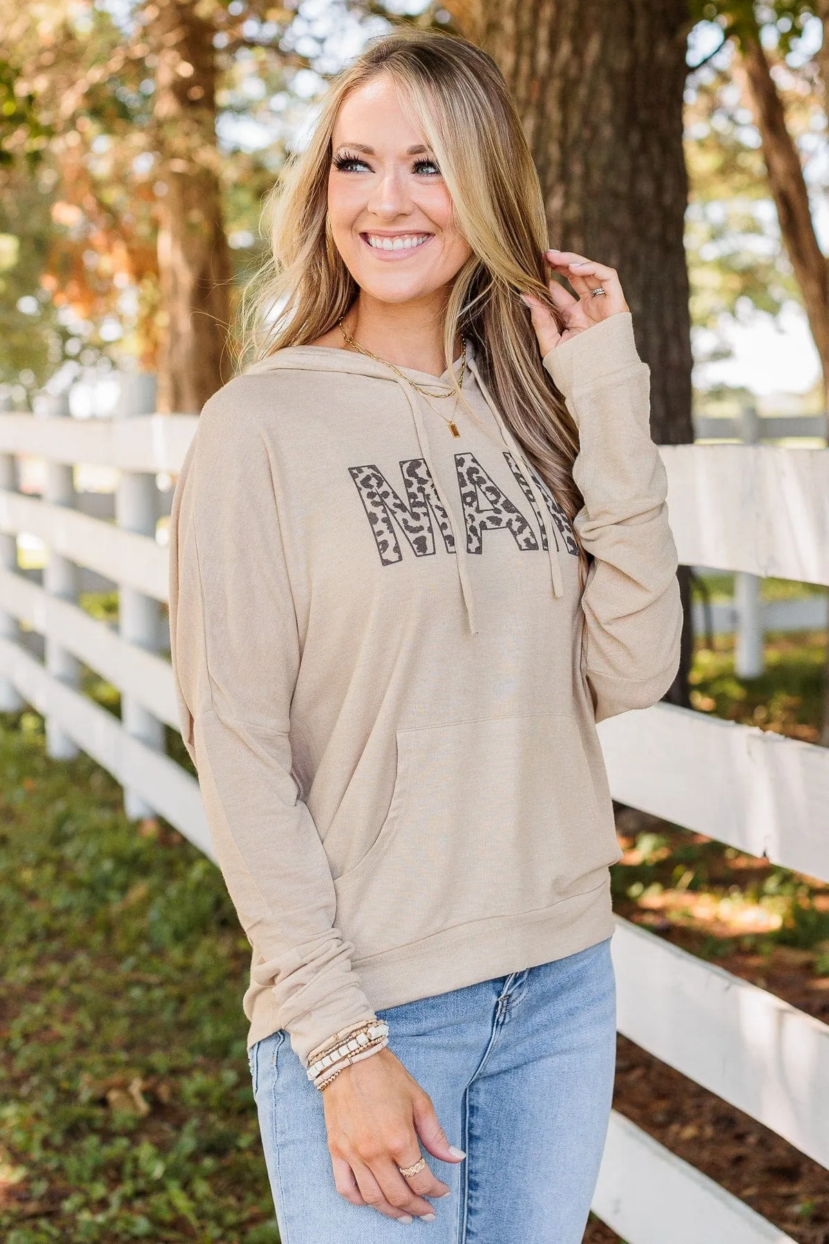 Mama Lightweight Drawstring Hoodie- Beige