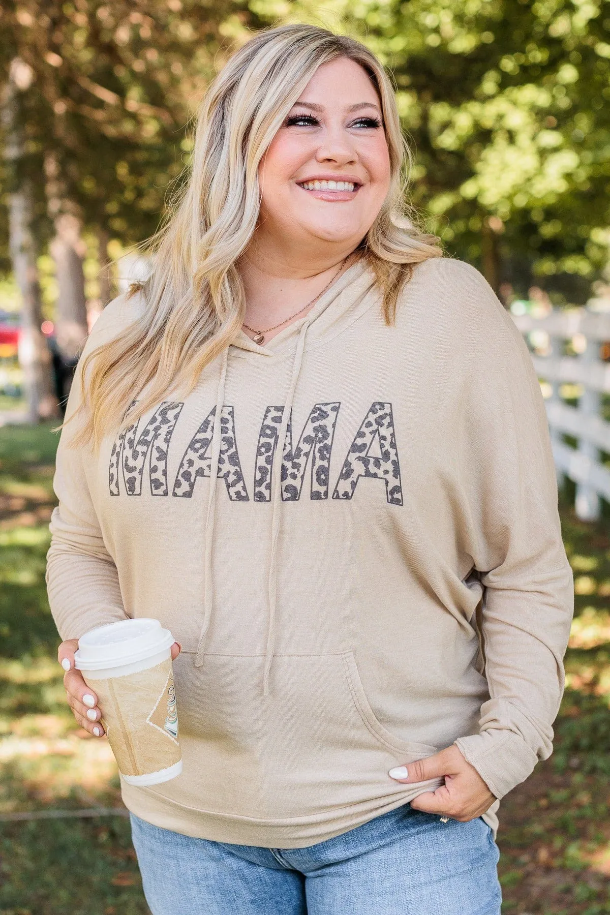 Mama Lightweight Drawstring Hoodie- Beige