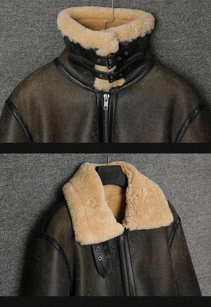 Men's Aviator Genuine Leather Sheepskin Shearling Bomber Coat