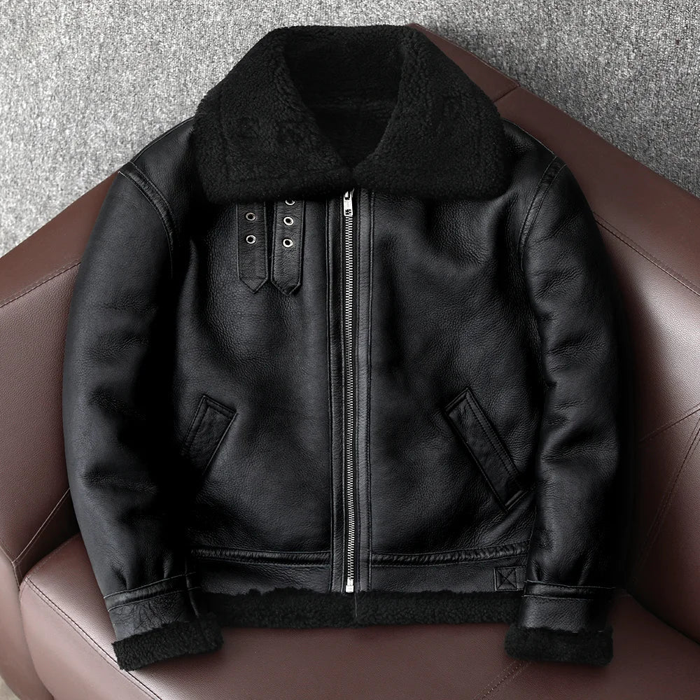 Men's Aviator Genuine Leather Sheepskin Shearling Bomber Coat