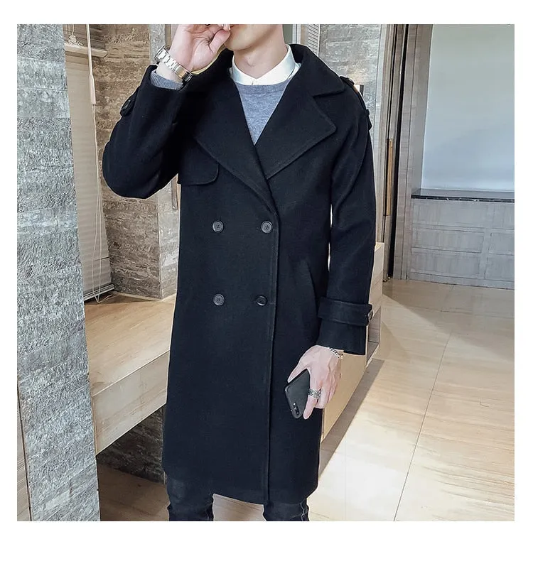 Men's Winter Polyester Solid Pattern Double Breasted Slim Fit Coat