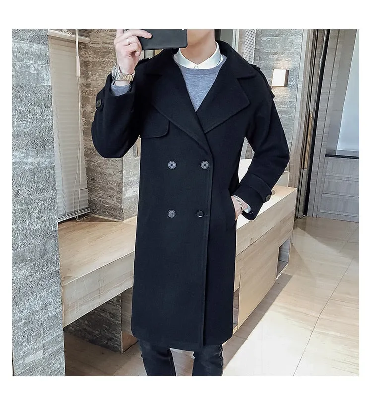 Men's Winter Polyester Solid Pattern Double Breasted Slim Fit Coat