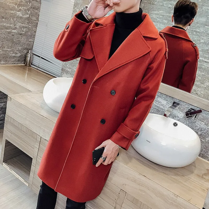 Men's Winter Polyester Solid Pattern Double Breasted Slim Fit Coat