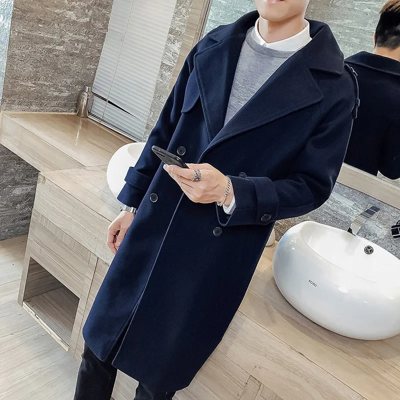 Men's Winter Polyester Solid Pattern Double Breasted Slim Fit Coat