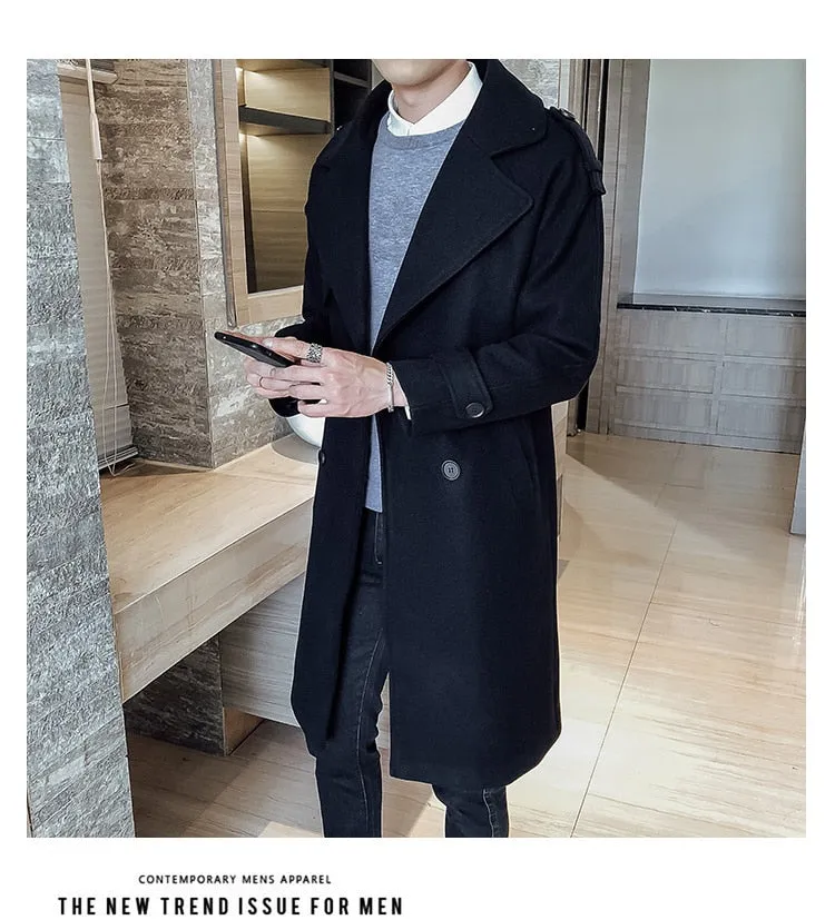 Men's Winter Polyester Solid Pattern Double Breasted Slim Fit Coat