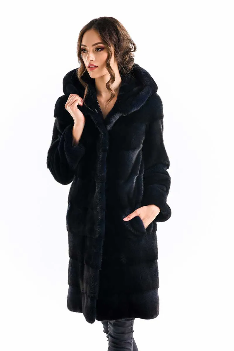 Navy Blue Genuine Mink Fur Hooded Maxi Coat