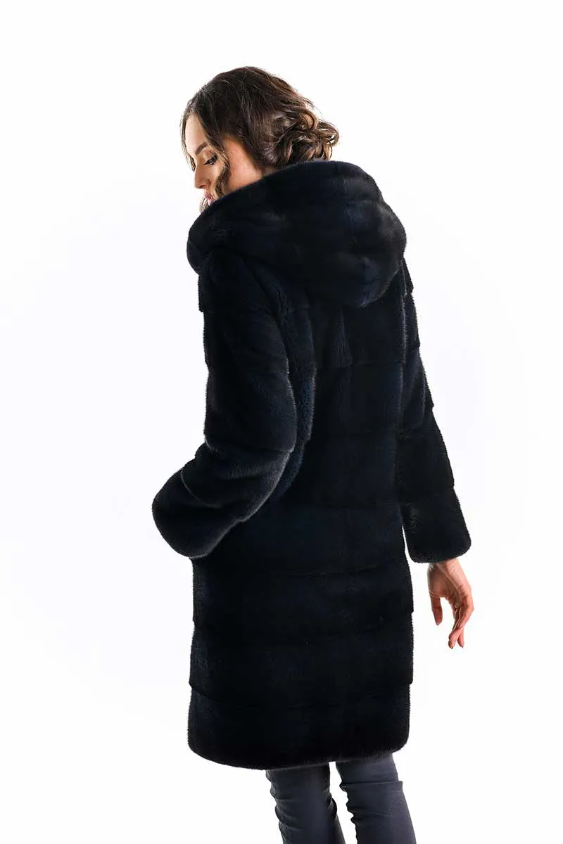 Navy Blue Genuine Mink Fur Hooded Maxi Coat