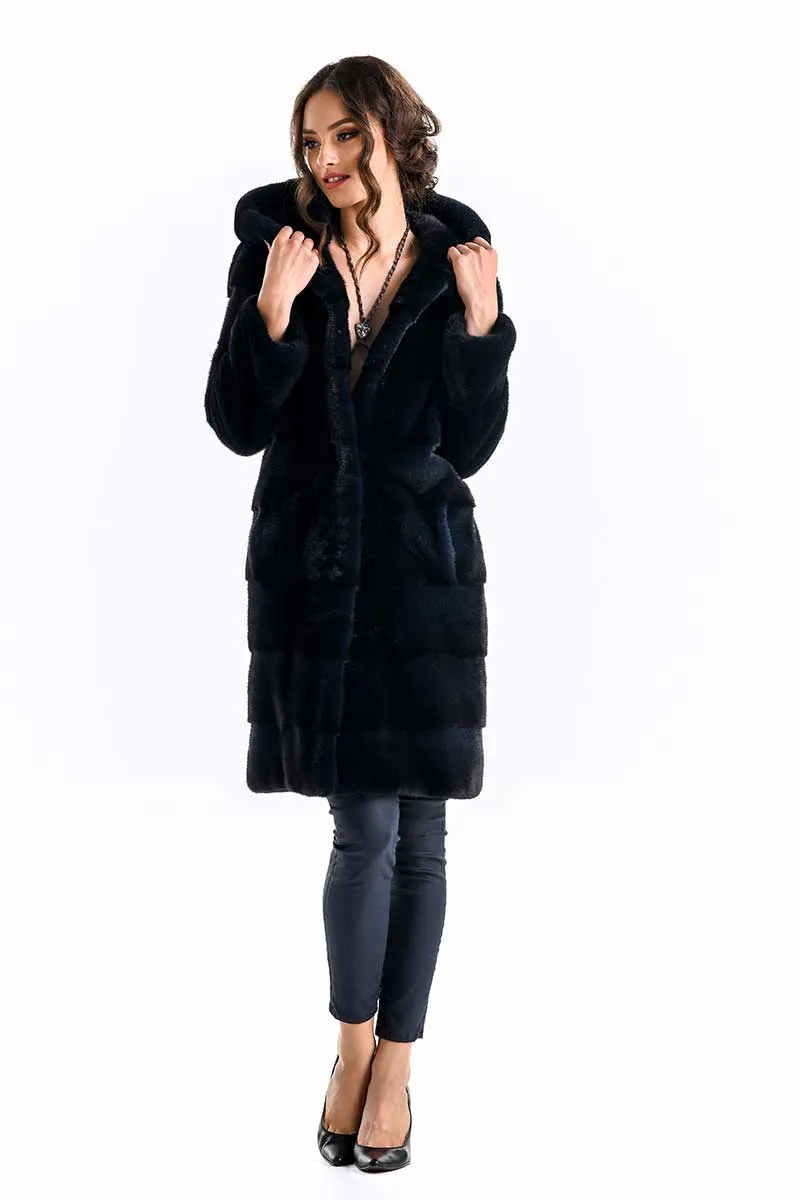 Navy Blue Genuine Mink Fur Hooded Maxi Coat