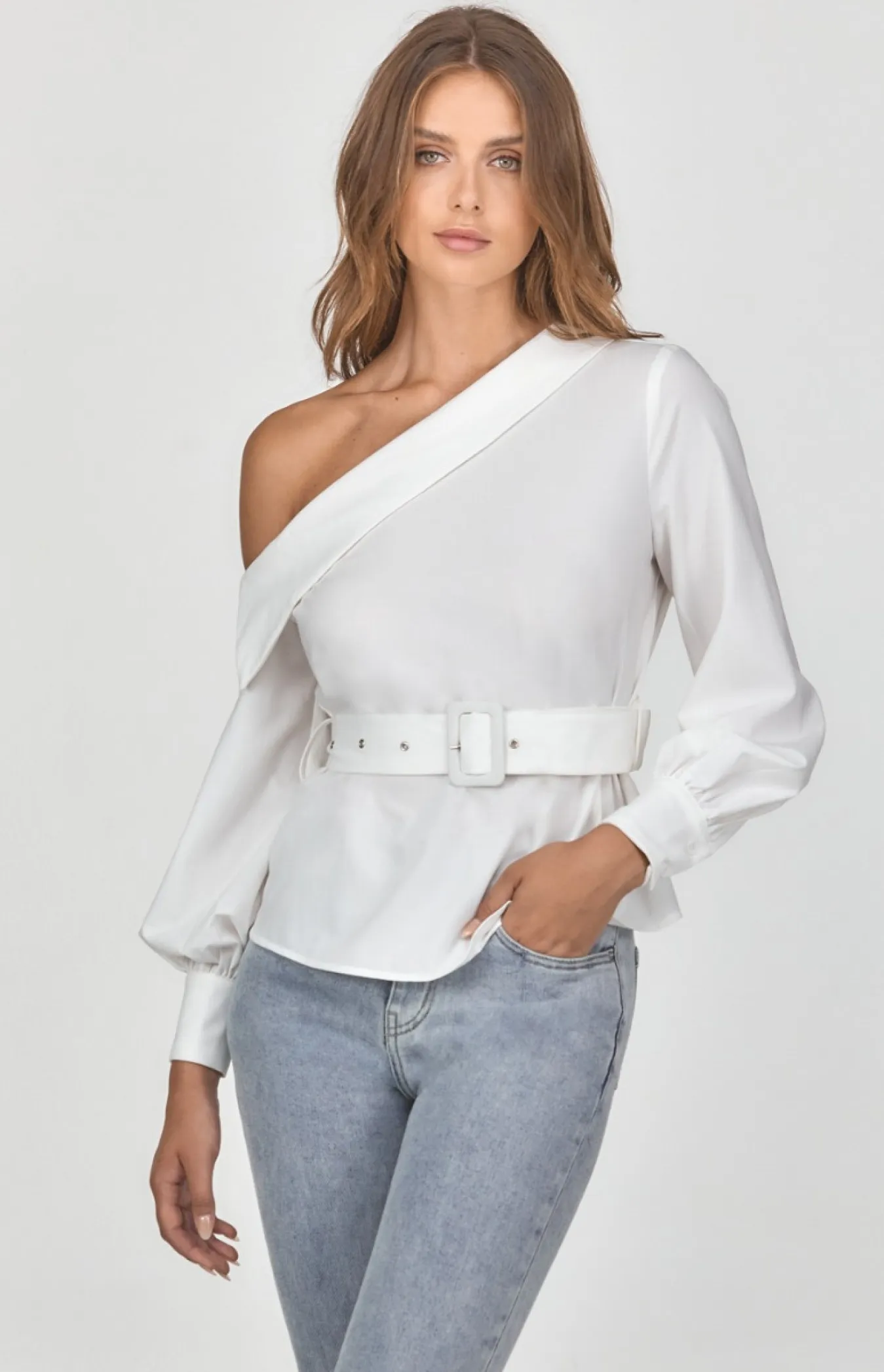 One Shoulder Top with Neckline Detail and Belt (STO587B)