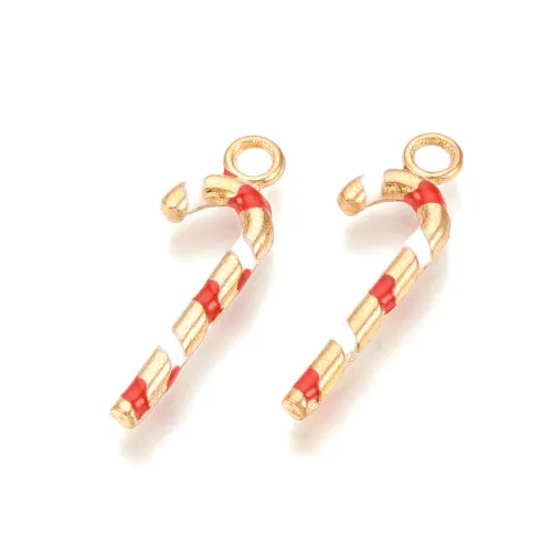 Pendants, Christmas Candy Cane, Red, White, Enameled, Light Gold Plated, Alloy, 27mm