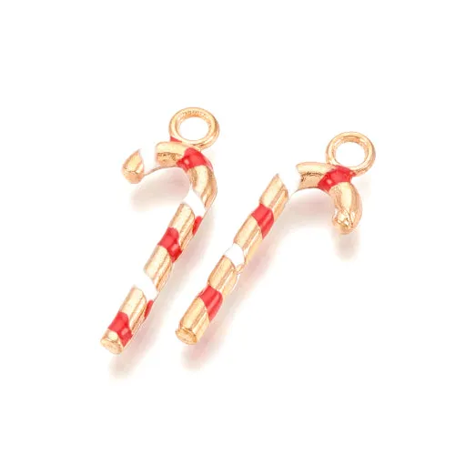 Pendants, Christmas Candy Cane, Red, White, Enameled, Light Gold Plated, Alloy, 27mm