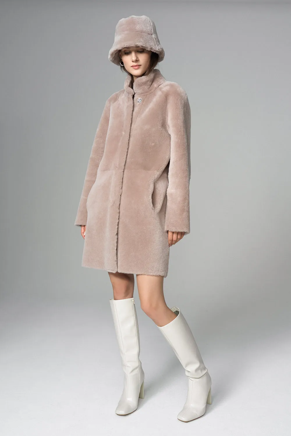 Pink Reversible Genuine Merino Wool Sheepskin Midi Coat