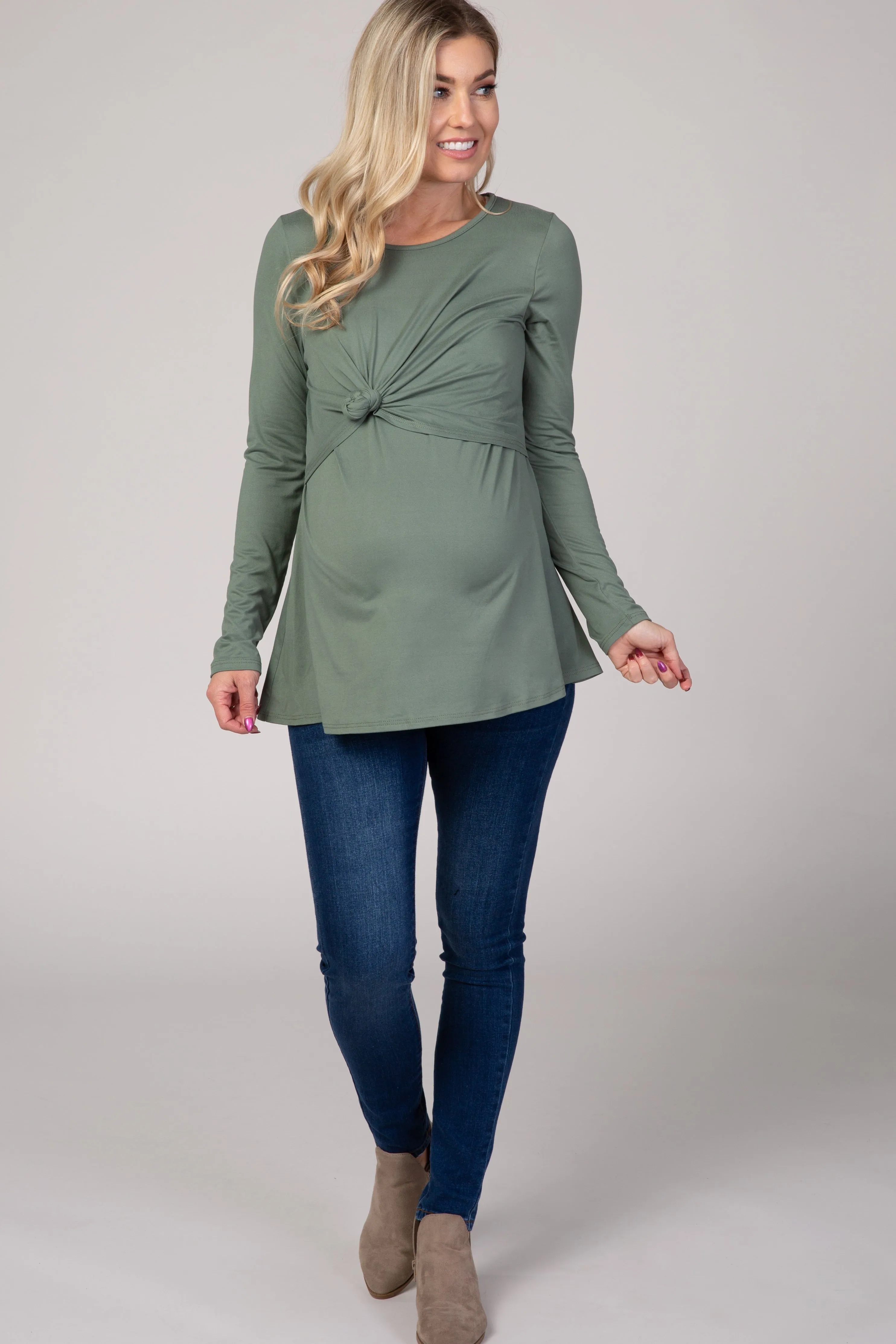 PinkBlush Olive Front Knot Long Sleeve Maternity Nursing Top